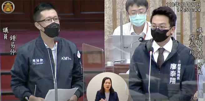 高市议员锺易仲今天与高市经发局长廖泰翔在议场唇枪舌战，引发全场哄堂大笑。（柯宗纬翻摄）