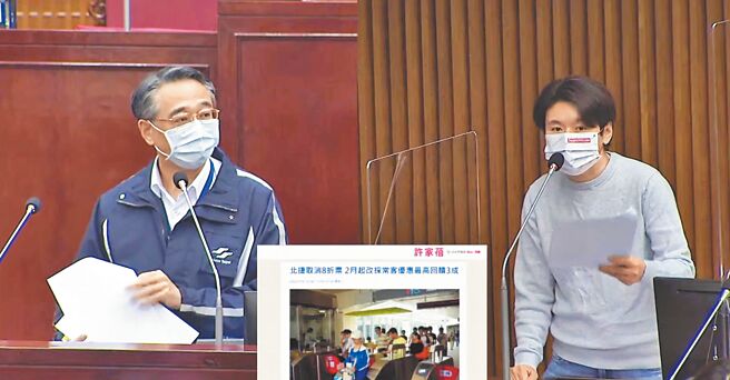 北市议员许家蓓（右）26日质询，竟有19万2000张悠游卡超过1年未领回馈金，总金额高达1299万元。（摘自北市议会直播／张颖齐台北传真）