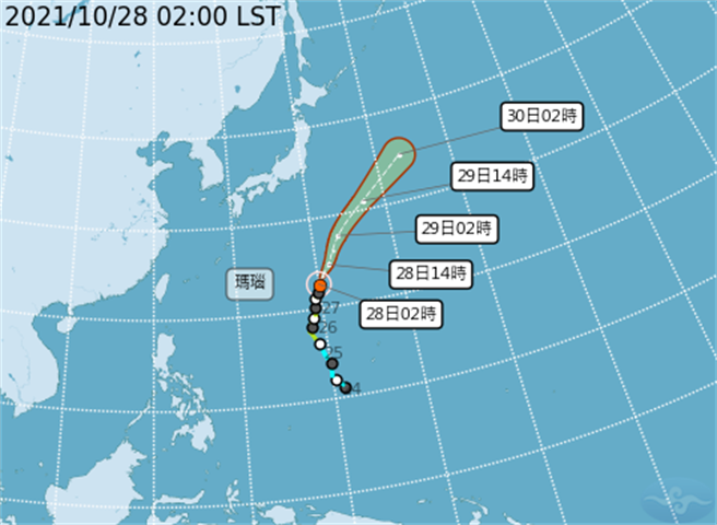 「瑪瑙」已增強為中颱，向北北東朝日本東方海面前進。(翻攝自氣象局)