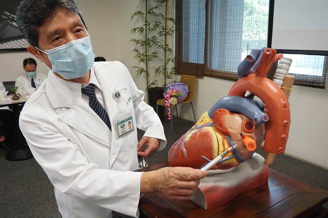 台中慈济医院心臟血管中心主任谢世荣说明，锺姓外送员疑因车祸扭力拉扯造成心臟破裂2.5公分。（王文吉摄）