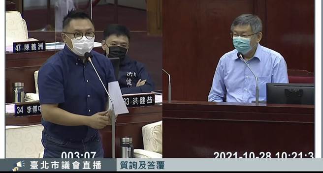 北市议员张斯纲（左）28日质询台北市长柯文哲（右）。（摘自北市议会直播／张颖齐台北传真）