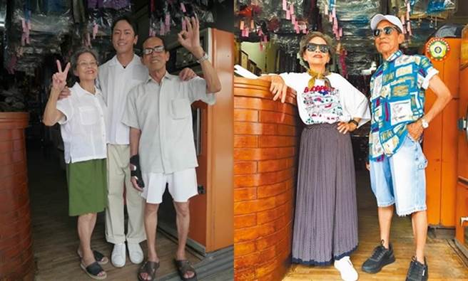 张瑞夫巧妙运用客人遗弃的衣物帮爷爷奶奶穿搭时尚造型，以洗衣店为背景拍照，风格相当强烈。（张瑞夫提供／王文吉台中传真）