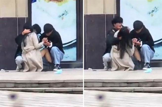 大陆近日近日疯狂「当街三人行」影片，真相竟是前后任男友抢与女子「相好」。（图／翻摄自微博）