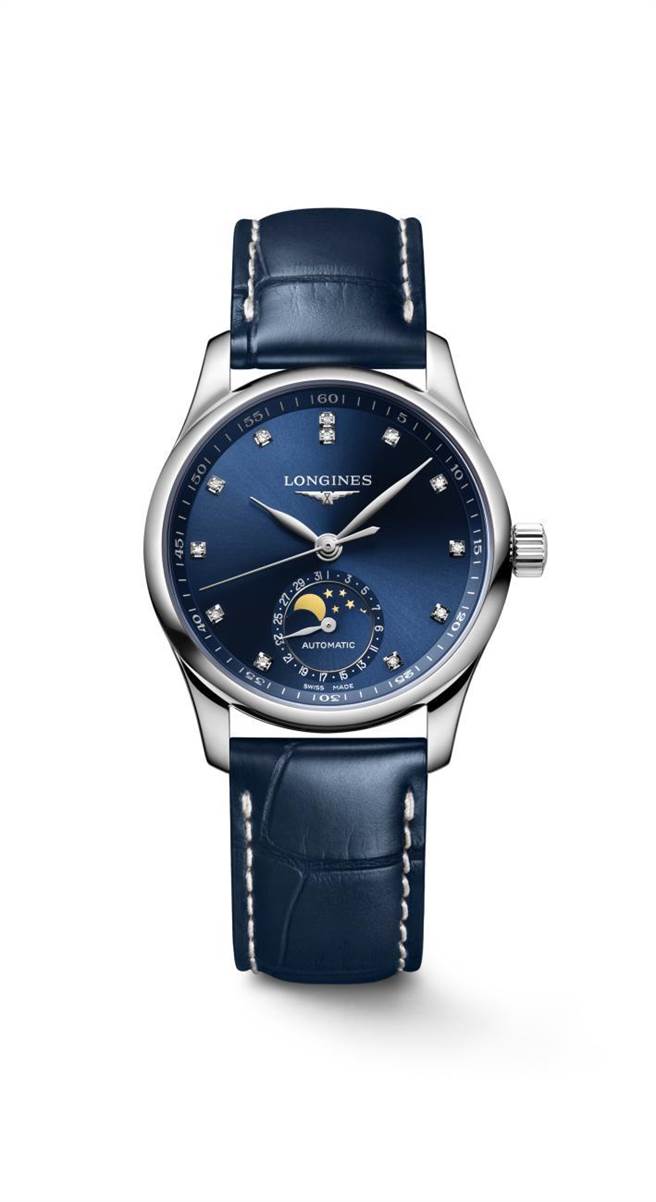 浪琴表Master巨擘系列蓝色太阳纹面盘月相女表，8万8500元。（Longines提供）