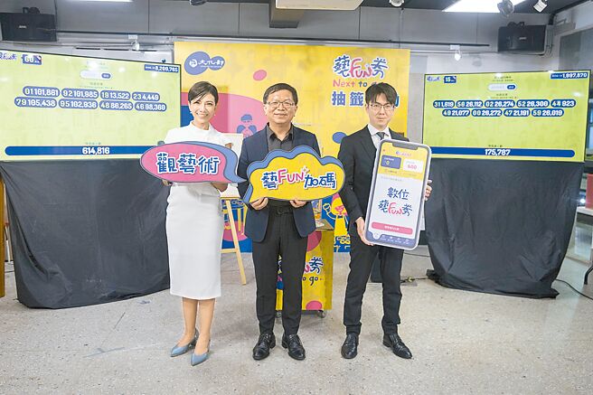文化部27日办理艺FUN券第三周抽籤，文化部常务次长李连权（中）自乐透机内00~99共100个数字，依序抽出数位券及纸本券中籤号码。（杜宜谙摄）