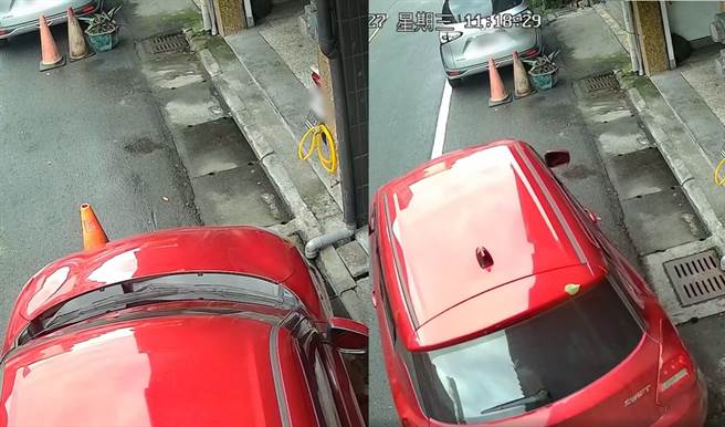 这辆红色轿车没发现前方摆放三角锥，就直接驶过，把三角锥卷进车底。（翻摄自脸书社团《宜兰知识+》）