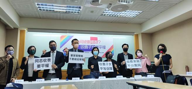 彩虹平权大平台、台湾同志谘询热线协会、同志家庭权益促进会与律师团，于今年4月协助三个同志收养家庭向各地法院提起诉讼。（林良齐摄）