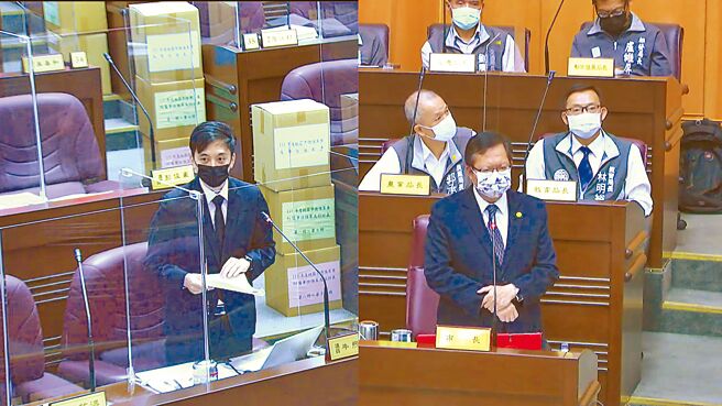 桃园龟山承恩砂石场崩塌活埋小黄运将，议员牛煦庭（左）28日细数可停工、强拆、断水电等铁腕法令，但市府各局处仅轻轻裁罚，等同把罚金当定期收入、业者变相缴保护费，痛斥市府才是最大黑道。（蔡依珍摄）