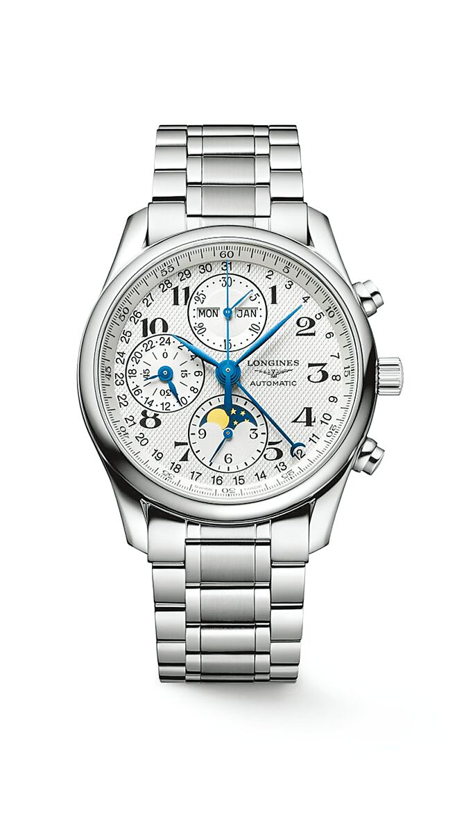 浪琴表Master巨擘系列全日历月相男表，10万4100元。（Longines 提供）