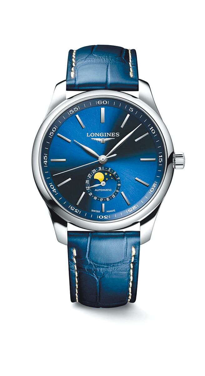 浪琴表Master巨擘系列蓝色表盘月相男表，7万8800元。（Longines提供）