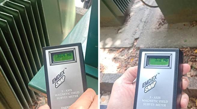 变电箱的电磁波量测，贴在箱上的电磁波为31.4毫高斯；但只需远离2步，就衰减至3.2毫高斯。(图/台电提供)