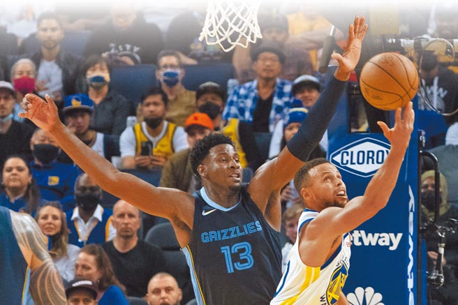 勇士後衛史蒂芬柯瑞（右）試圖在灰熊前鋒傑倫傑克生的巨掌封阻下倒勾投籃。（路透）