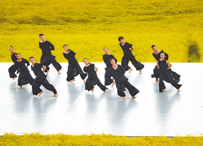 以天地为舞台，金色稻浪为背景，相隔3年，云门舞集再度重返台东池上秋收艺术节，30日与歌手9m88同台演出作品《十三声》，从乾爽的天气跳到下雨。（刘振祥摄／台湾好基金会提供）