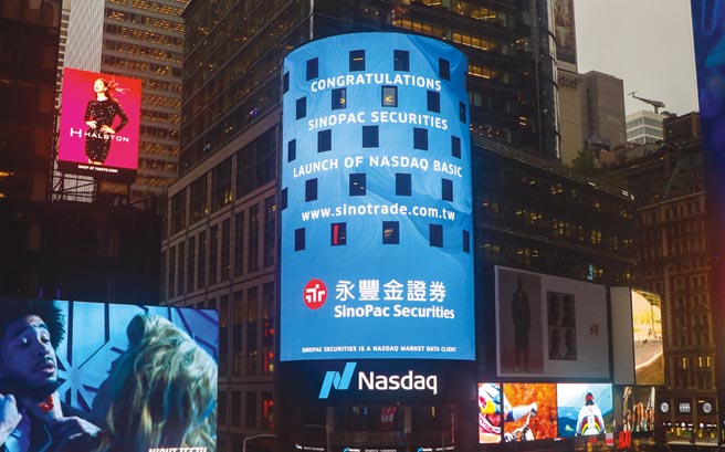 永豐金證券登上紐約Nasdaq Tower，宣布「豐存股-美股」無最低手續費限制。圖／永豐金證券
