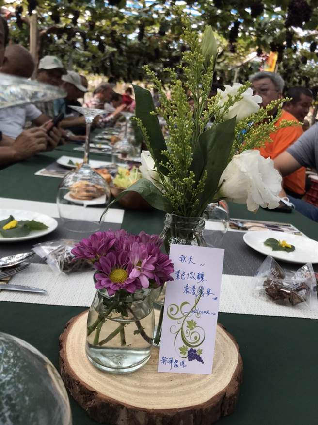 新社挂满结实累累的紫色鲜果葡萄园里，佐以温和的秋季和风，邀请民眾在紫色浪漫的葡萄树下品尝美味佳肴。（台中市农业局提供／王文吉台中传真）