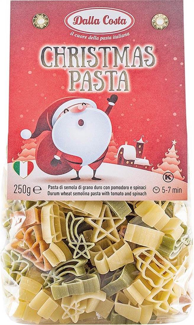 家樂福達樂義大利麵，有汽車、泰迪熊、動物園、五色貝殼、聖誕禮物（圖）造型，250g，原價125至130元、特價115元。（家樂福提供）