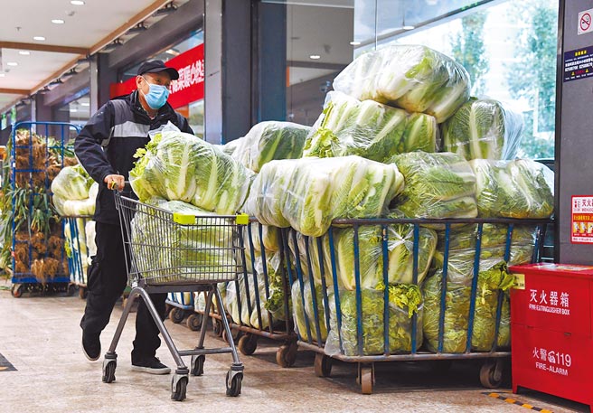 大陆自多年前开始，各省市应急部门隔一阵子就会发通知，建议家中准备应急物品的更新清单。图为北京市民在超市选购大白菜。（新华社）