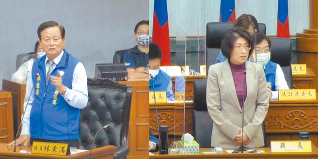 台東縣議會5日縣政總質詢，縣議員林東滿（左）針對中央與大陸溝通台灣鳳梨釋迦問題未果，質詢縣長饒慶鈴（右）。（摘自台東縣議會網站）