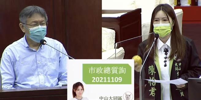 台北市長柯文哲（左）前貼身隨扈陳文鍾遭調職，北市議員陳怡君（右）9日拿出「橘子」，並加碼爆料，陳偷吃柯的遠房親戚、綽號「橘子」的許姓祕書，且沒擦嘴、射後不理。（摘自北市議會直播／張穎齊台北傳真）