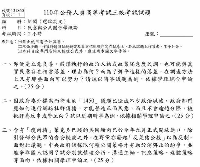 國民黨台北市議員張斯綱9日爆料，今年公務人員高等考試三級考試試題新聞類科、民意與公共關係學概論科目試題中，竟然出現「1450」與「反萊豬公投」等爭議議題。（圖／取自張斯綱臉書）