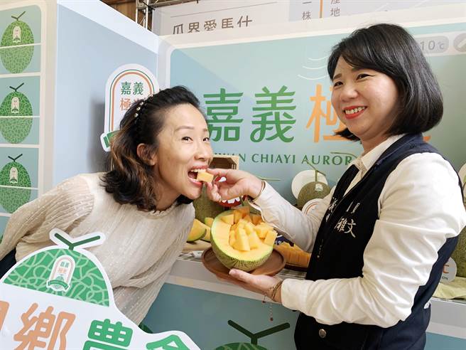 秋作极光哈密瓜进入盛产季，今嘉义县政府举办上市行销记者会，嘉义县议员刘雅文（右）、溪口乡农会总干事刘纯婷（左）姐妹联手行销极光哈密瓜。（吕妍庭摄）