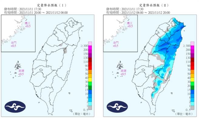 最新雨量累积图，明(12日)起北部、东部将有零星降雨。（图／翻摄自中央气象局)