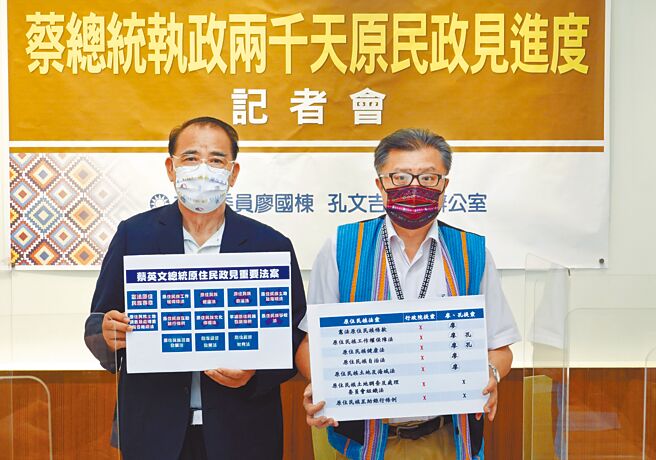 立委廖國棟（左）、孔文吉（右）10日舉行「蔡總統執政兩千天原民政見進度」記者會，抨擊蔡政府原住民重要法案的推動衹能用「龜速」形容。（姚志平攝）