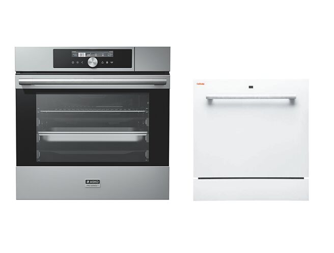 SOGO忠孝館ASKO不鏽鋼蒸烤爐+Celinda賽寧桌上型洗碗機8人份，原價18萬6500元、特價16萬1500元，限量20組，送Minel潤乾精1L+全效洗碗粉+IKEA碗盤全套6人份。（SOGO提供）