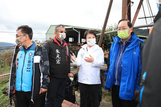 台中市长卢秀燕视察南溪湖1号吊桥修復工程及2号吊桥改建进度。（王文吉摄）