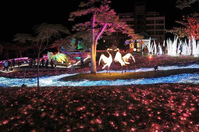 眾所期待的屏東四重溪溫泉季12日晚間正式登場，白色及櫻粉色系燈飾鋪設出的大面積夢幻燈海，成功營造出北國冬春交替之際的氛圍，在粉紅櫻花海渲染下美不勝收。（謝佳潾攝）