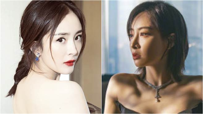 楊冪(左)的星空禮服vs.宋茜(右)貓耳朵深V禮服比火辣。(圖／微博)