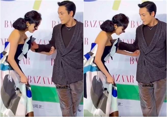 楊幕(左)和陳偉霆攜手走紅毯，不小心被裙擺絆了一下。(圖／微博)