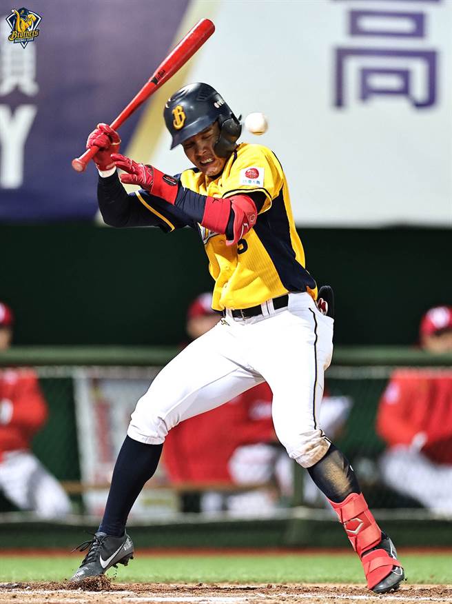 中信兄弟陈伟汉遭头部触身球。（中信兄弟提供）