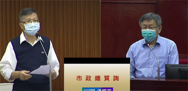 台北市長柯文哲（右）15日赴議會接受市政總質詢。（摘自柯文哲YouTube）