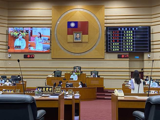 嘉义市议员戴寧与多位议员15日轮番质询嘉义市某国小教室安装监亲器事件。（廖素慧摄）