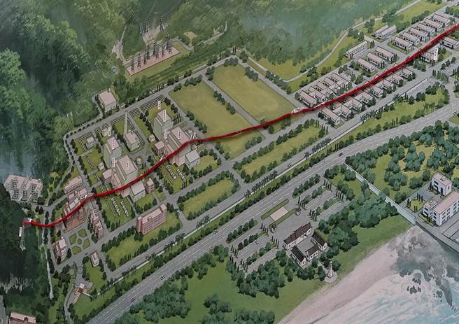 台電公司龍門核電廠的「廠區S斷層」在地圖上以紅色繩子標示斷層走向與範圍。（陳信翰攝）