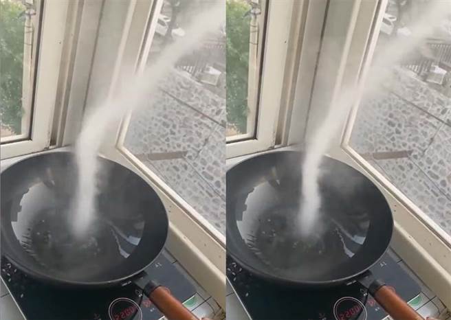 大陸一名女子下廚時，竟然在炒鍋中炒出「龍捲風」。（圖片翻攝自微博/四川觀察）