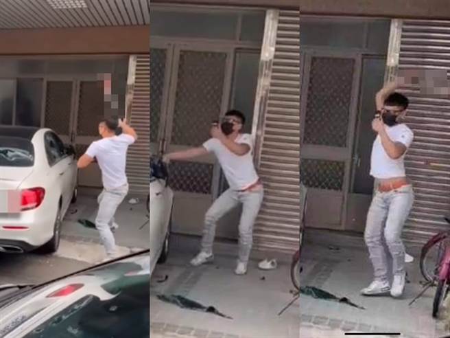 4名恶煞拿球棒砸车影片疯传，发现其中1名恶煞的身影相当吸睛，只见恶煞边砸车边录影，身穿紧身上衣还露出鲜红色内裤。（翻摄自记者爆料网）