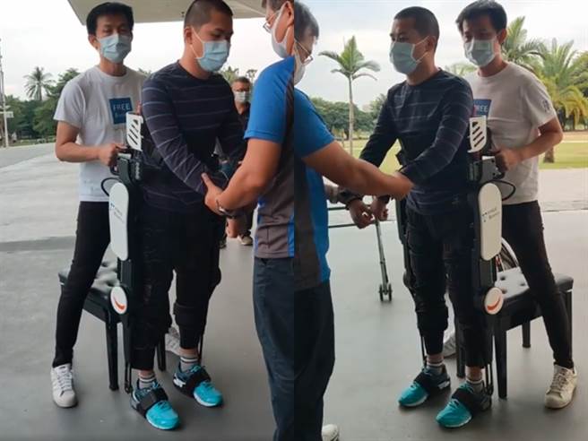 秦良丰2018年5月在汉光演习跳伞预演时从1300多呎高空坠落，一度重伤濒死瘫痪，最后奇蹟生还，如今他装上外骨骼辅助器材、握着父亲双手復健体验行走。（翻摄自秦天人脸书）