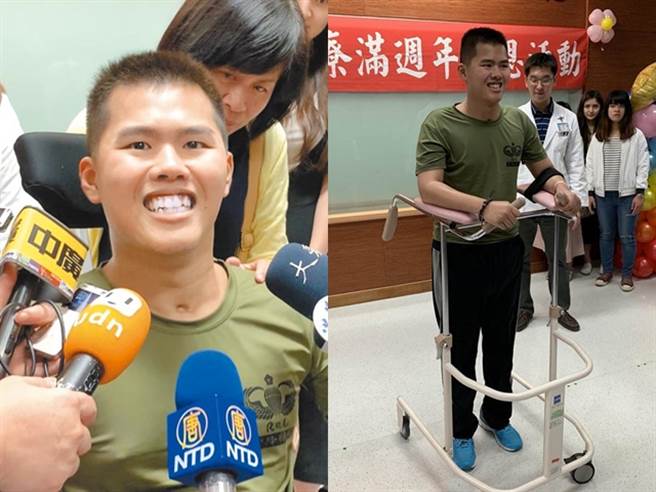 秦良丰2018年5月在汉光演习跳伞预演时从1300多呎高空坠落，一度重伤濒死瘫痪，最后奇蹟生还，如今他装上外骨骼辅助器材、握着父亲双手復健体验行走。（资料照）