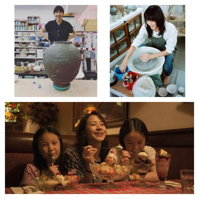 林嘉欣生活中鑽研陶藝很有心得（上圖）；至於拍片，她當時與戲裡兩個女兒感情不錯。（摘自林嘉欣IG、傳影提供）