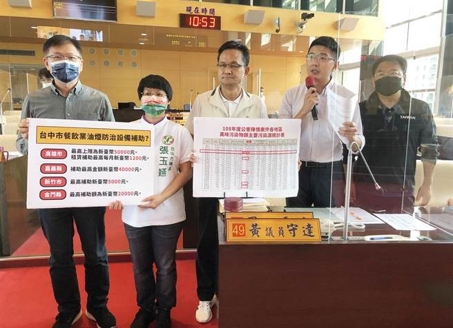 市議員黃守達(右二)等人質詢說，台中市應加強輔導轄區內餐飲業者增設空汙處理設備，並且比照其他縣市提供相關補助，增加誘因，從源頭改善。（陳世宗攝）
