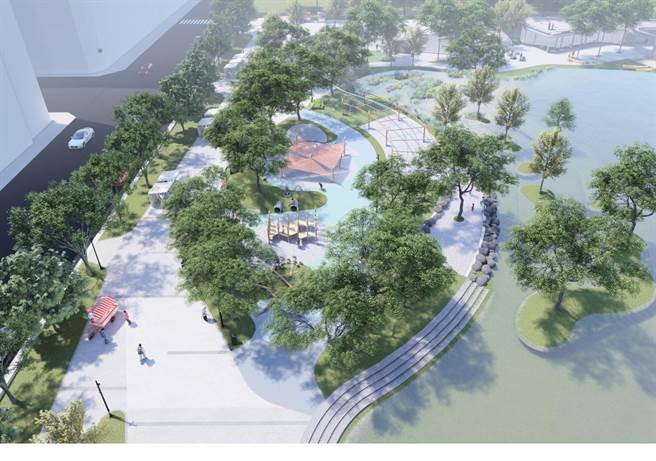 桃园华兴池（6-12号埤塘）水域及陆域总面积6.97公顷，斥资1.2亿元改造成生态公园，图为模拟示意图。（桃园市政府工务局提供／陈梦茹桃园传真）