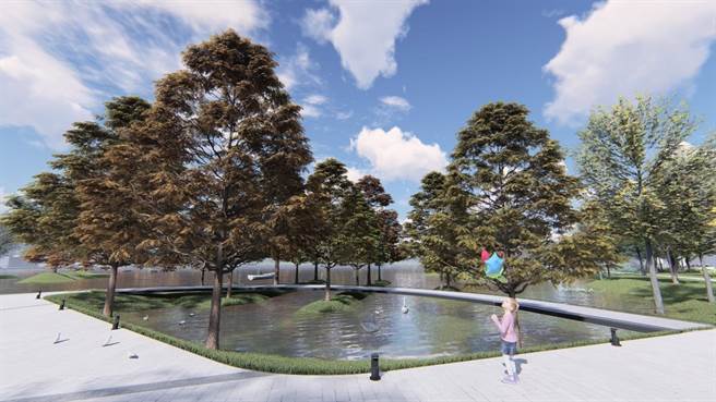 桃园大园华兴池公园陆域1.27公顷将设置秋日广场，图为模拟示意图。（桃园市政府工务局提供／陈梦茹桃园传真）