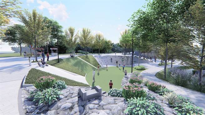 桃园华兴池公园中有规画旗鑑型共融式游戏场，图为极限山丘游戏场模拟图。（桃园市政府工务局提供／陈梦茹桃园传真）