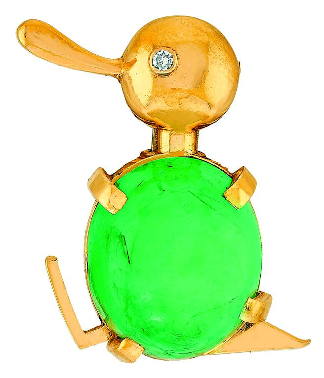 梵克雅宝Heritage典藏系列1951年作品Cane au chapeau胸针和1950年作品Bec en l'air胸针，合购价111万元。（Van Cleef & Arpels提供）