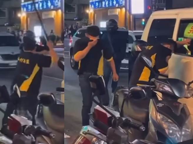 男下车准备拿球棒砸骑士，不料遭骑士拿辣椒水狂喷眼，他转头表情痛苦，仍气不过再次挥棒没打中，之后痛苦地趴在车窗，骑士则再次近距离朝他喷辣椒水。（翻摄自脸书爆料公社）