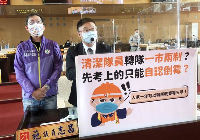 市議員施志昌(右)抨擊說，今年考進去的只需要1年即可轉隊，環保局應統一規定一年即可轉隊，並將制度法制化。（陳世宗攝）