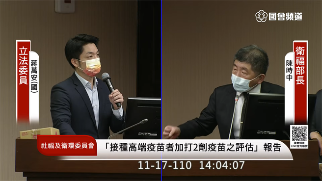 立委蒋万安质疑，卫福部长陈时中过去说开放混打要有科学证据，为何现在没有相关试验就开放高端混打。（图取自国会频道）
