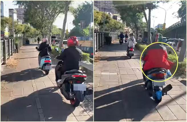 网友分享13秒影片，至少有12辆机车骑上人行道，有骑士外套都飘起来，可见其速度。（截自脸书社团《●【爆怨公社】●》影片）